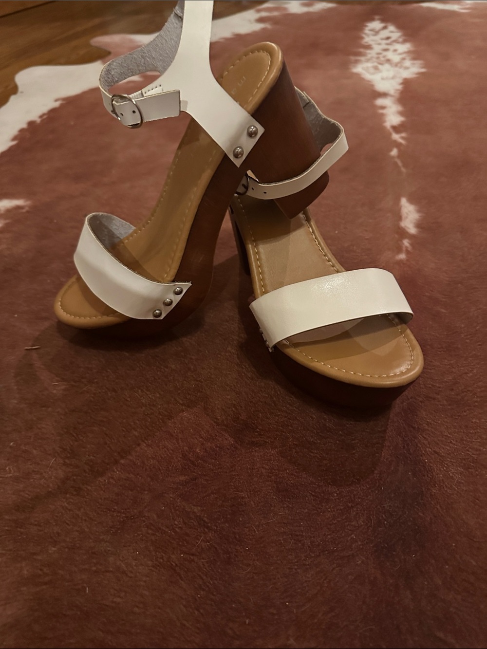 Madden Girl White and Brown Block Heel Sandals